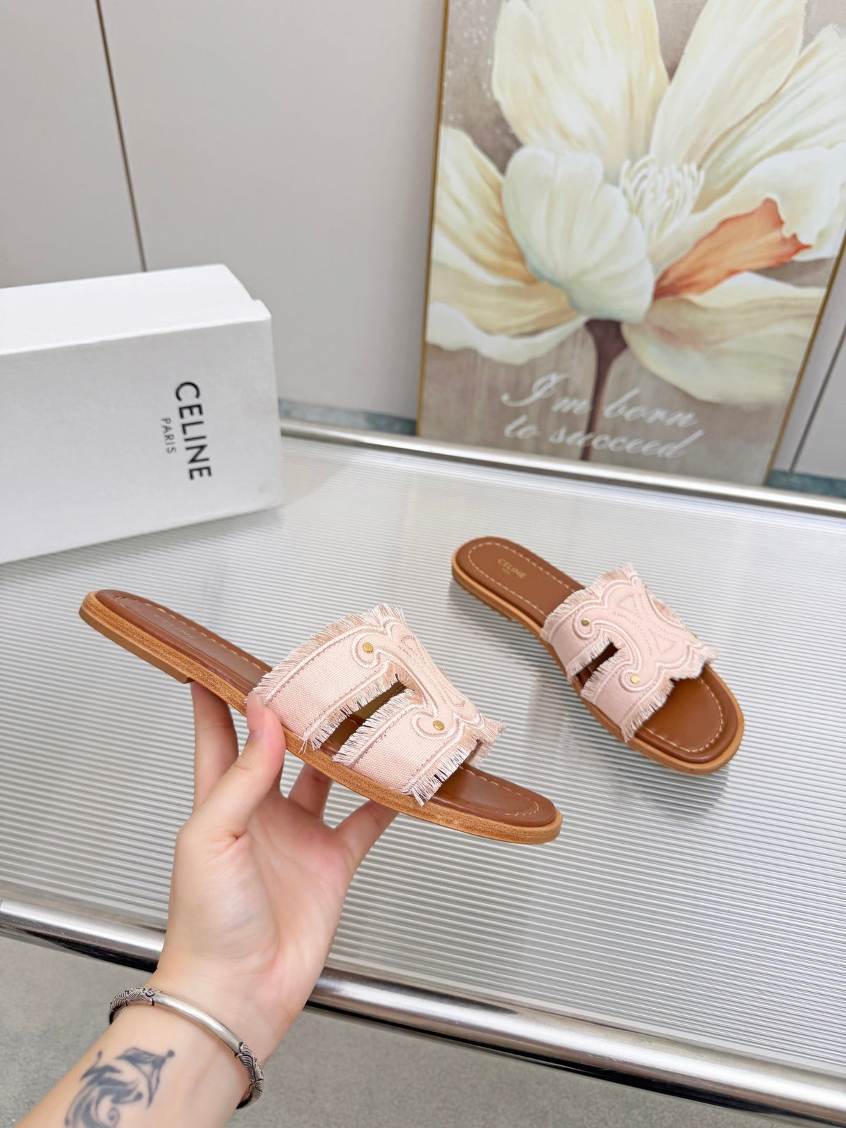Celine 26s Triomphe Slide Sandals Blush Pink Canvas 831429