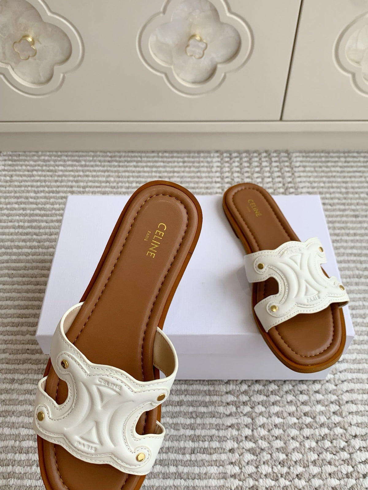 Celine 26s Triomphe Slide Sandals Ivory White Calfskin With Tan Brown Footbed 295138