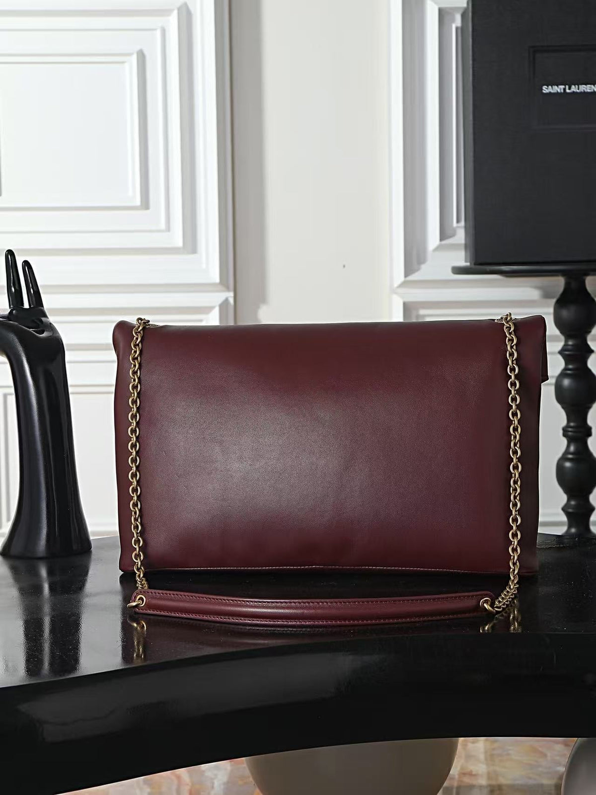YSL 2026 Cassandre Small Envelope Pouch Bag 29cm Burgundy Leather