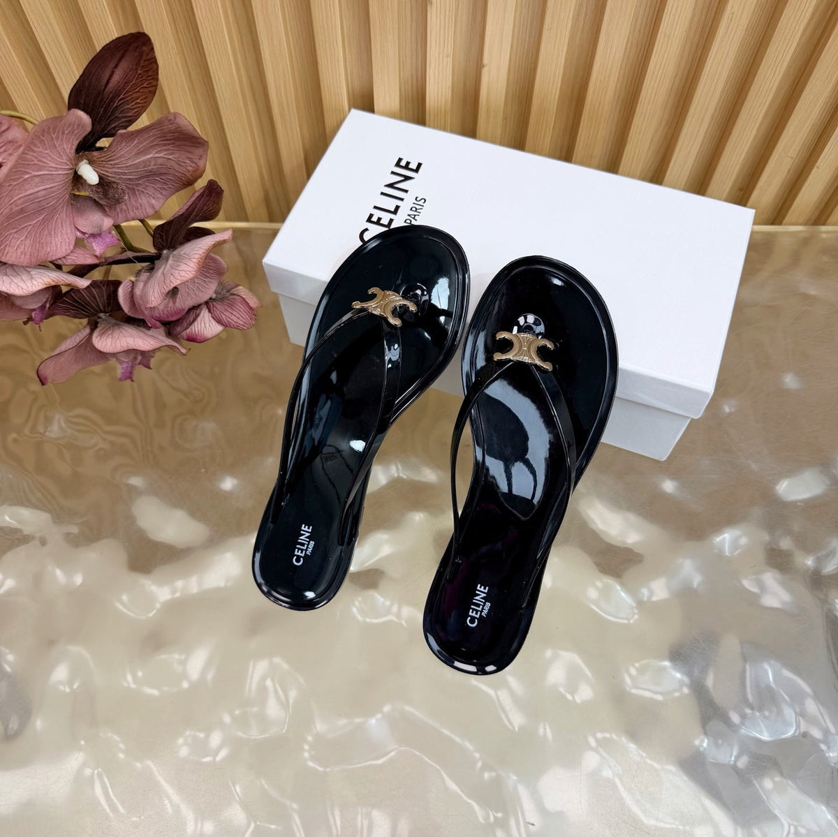 Celine 26s Triomphe Thong Sandals Black TPU Silver Hardware 836154