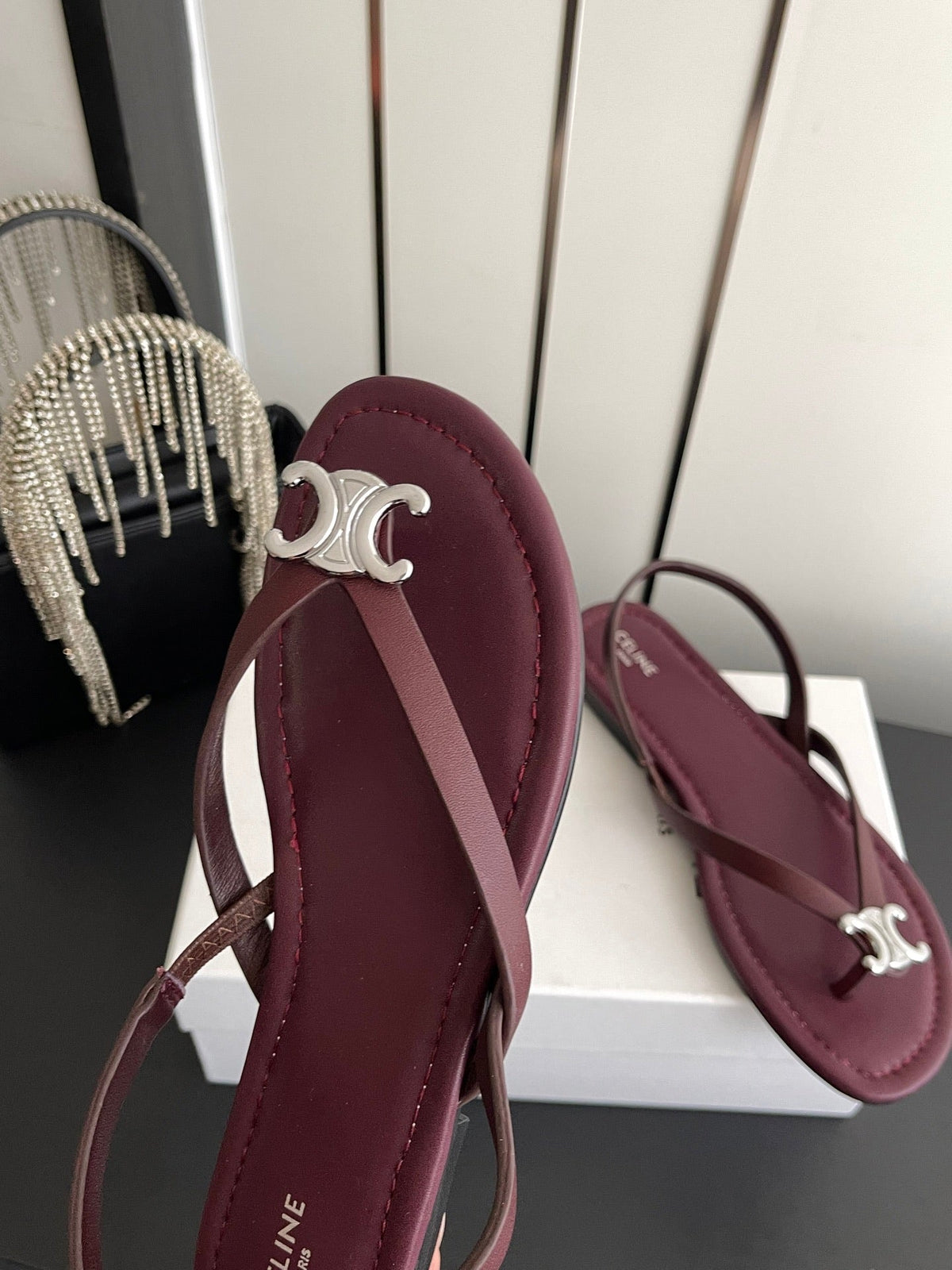 Celine 26s Thong Sandals Dark Red Calfskin 538164
