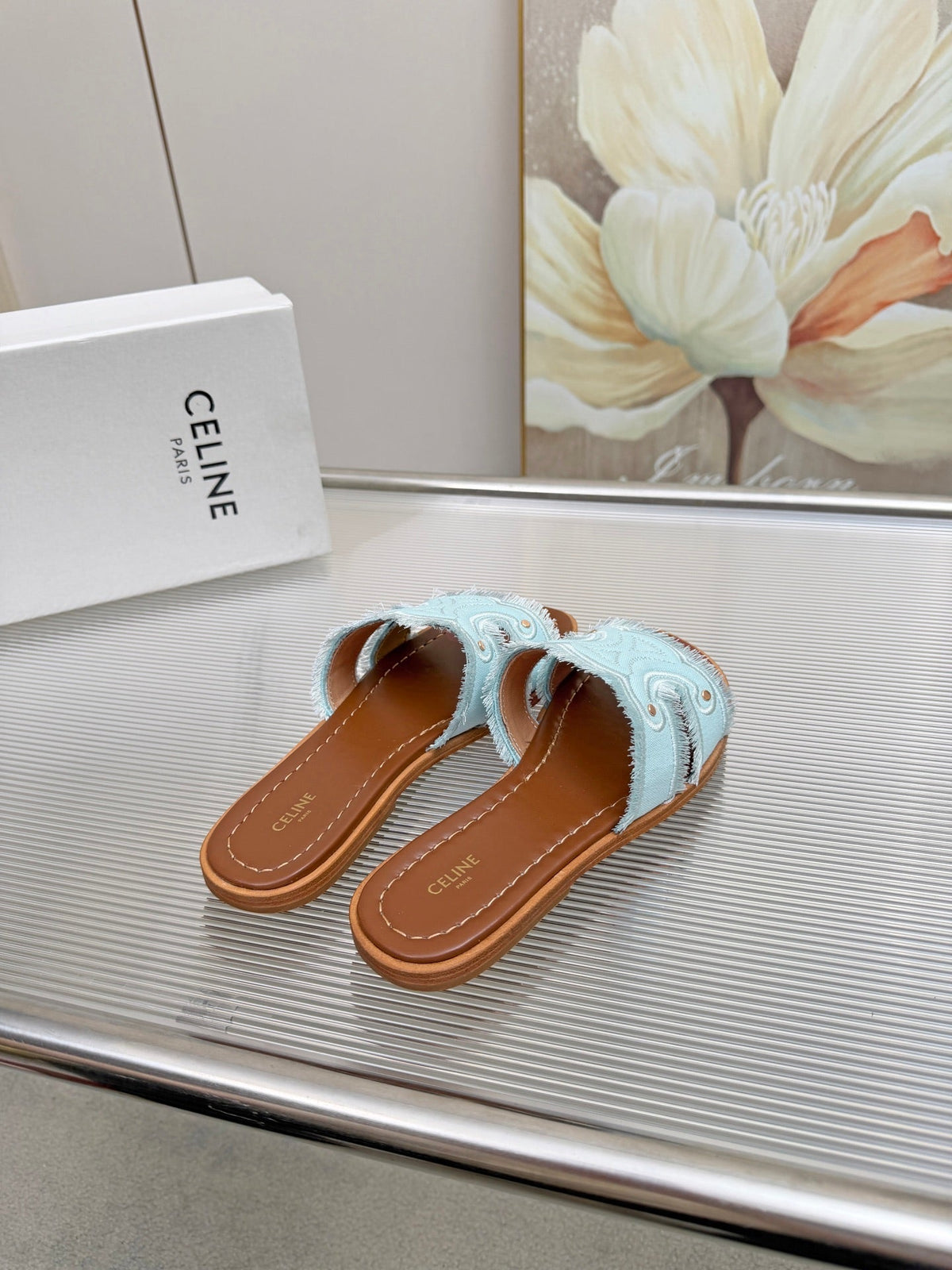 Celine 26s Triomphe Slide Sandals Sky Blue Canvas 514279