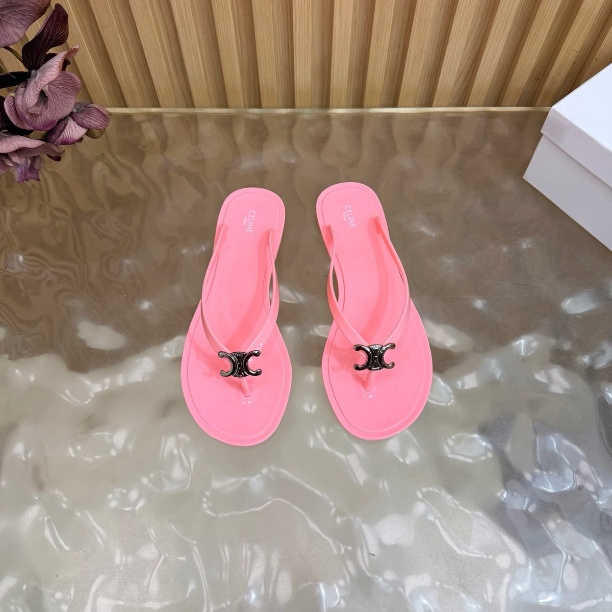 Celine 26s Triomphe Thong Sandals Pink TPU Silver Hardware 158392