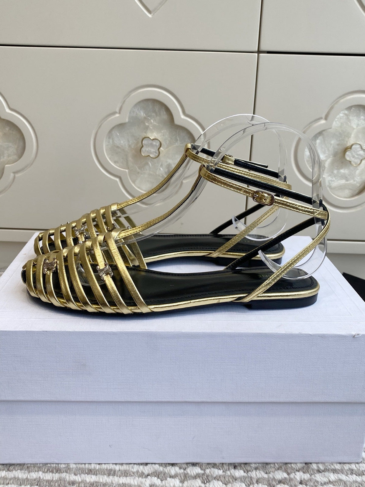 Celine 26s Clea Triomphe Gladiator Sandals Gold Lambskin 629148