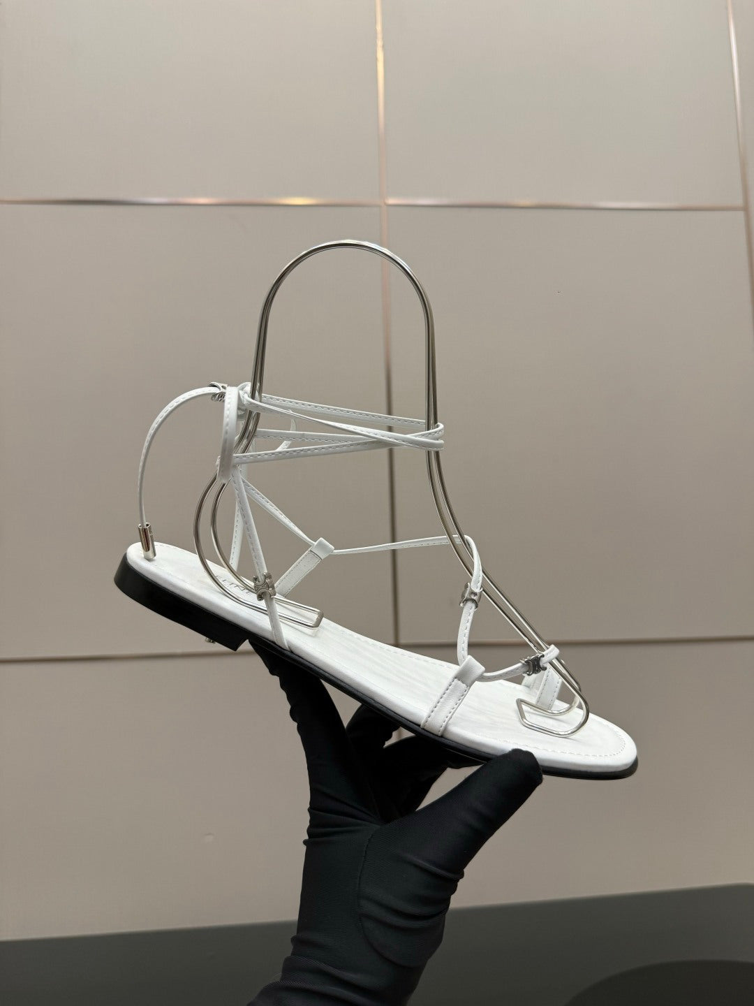 Celine 26s Triomphe Lace Up Flat Sandals White Calfskin 291483