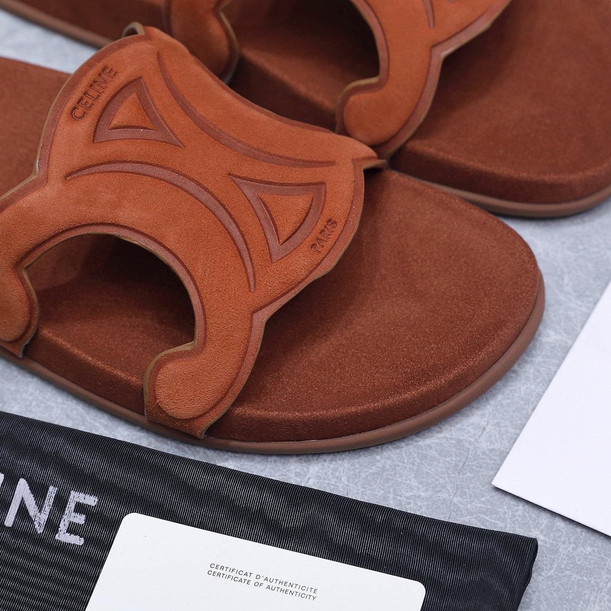 Celine 26s Triomphe Slides Cognac Brown Suede 915403