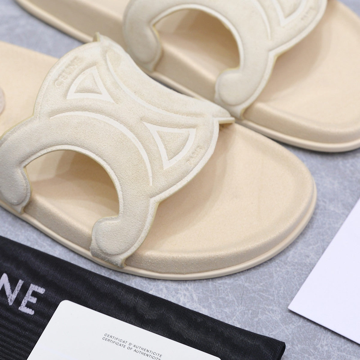 Celine 26s Triomphe Slides Cream White Suede 247058