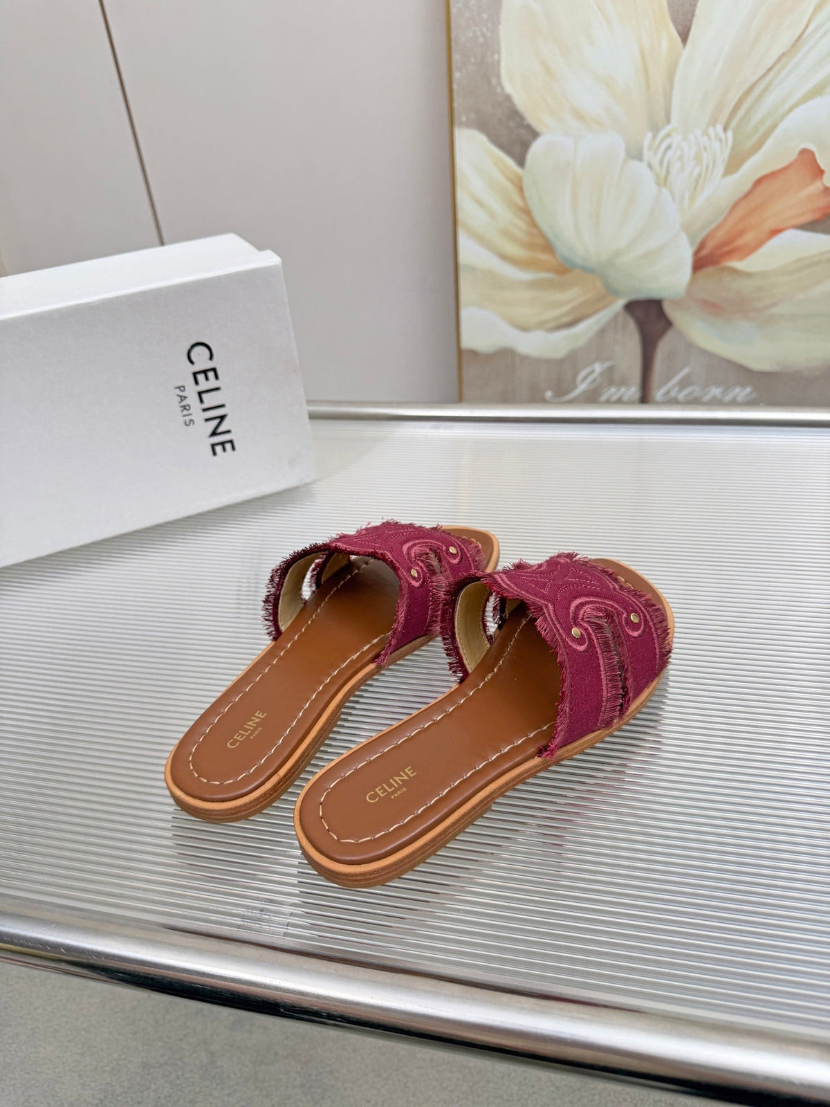 Celine 26s Triomphe Slide Sandals Berry Pink Canvas 415832