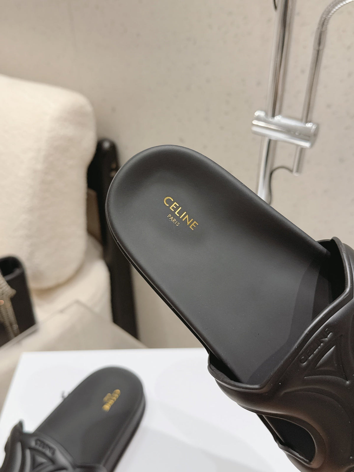 Celine 26s Triomphe Slides Black Calfskin 714052