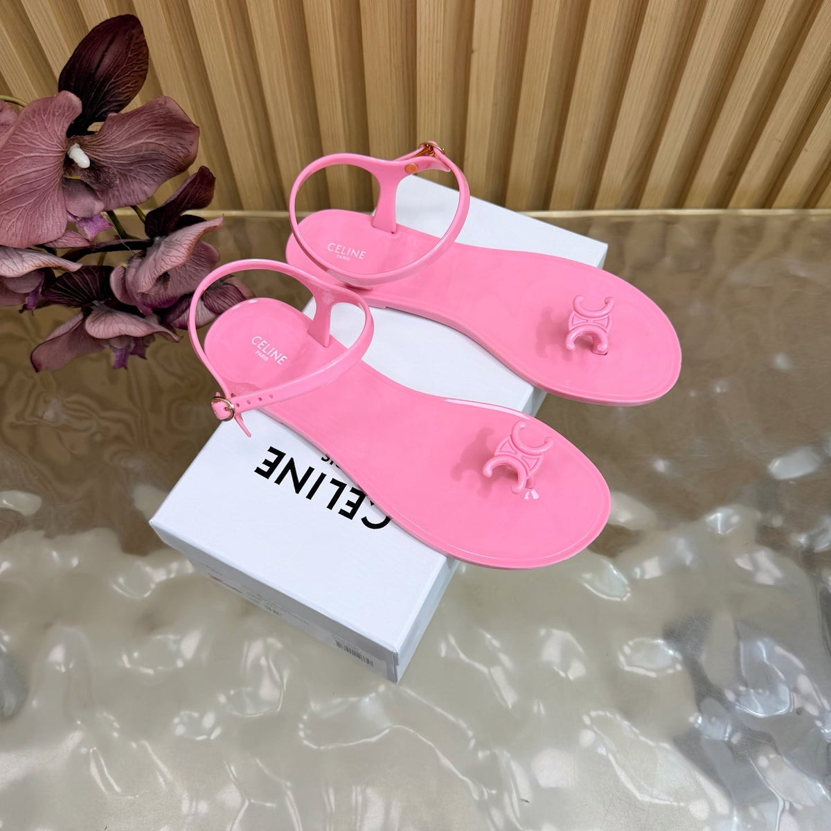 Celine 26s Triomphe Jelly Thong Sandals Pink TPU Gold Hardware 472195