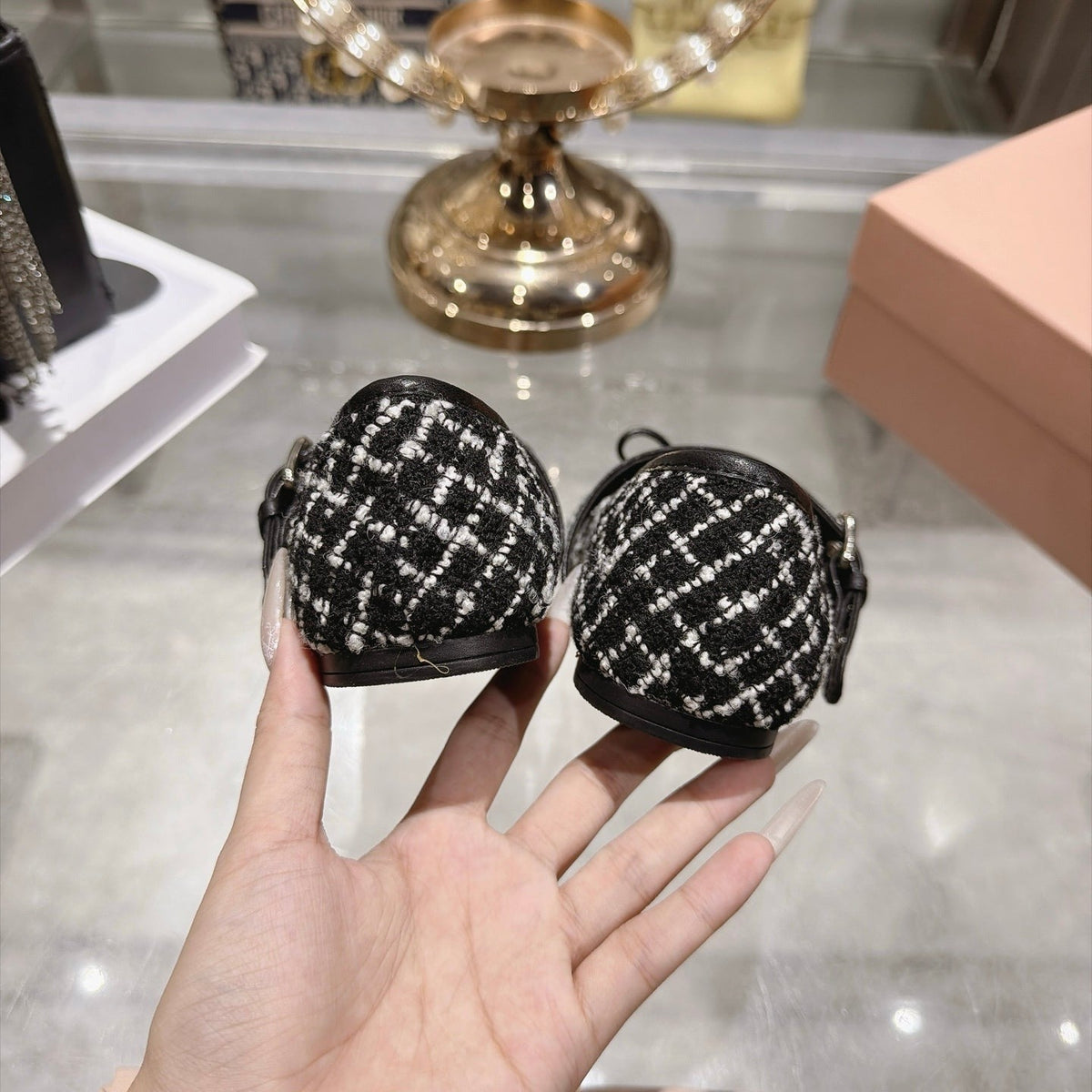 Miumiu 26S Mary Jane Flats Black And White Tweed Fabric