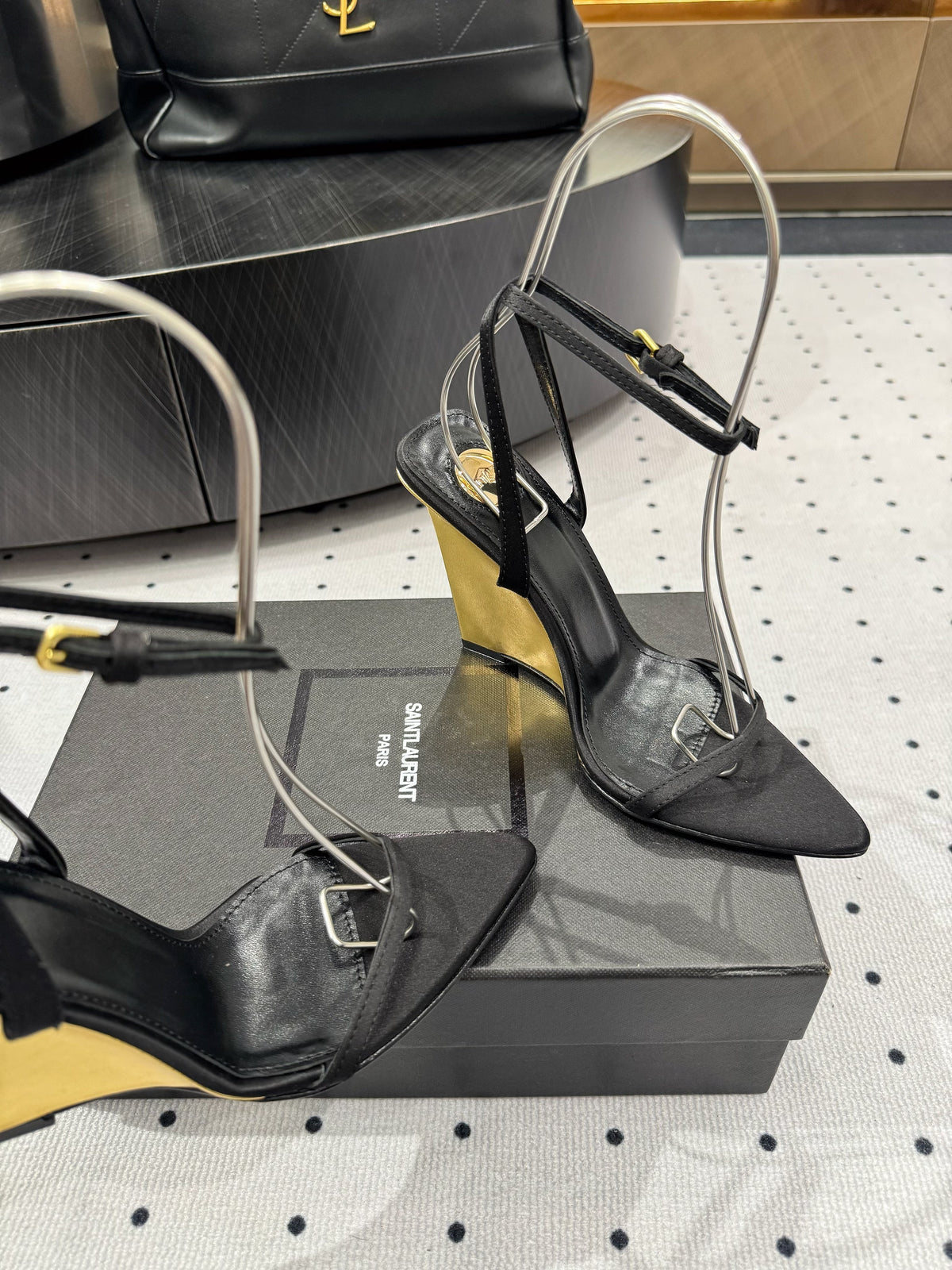 YSL 26S Metal-Capped Wedge Heels 10.5cm Black Satin