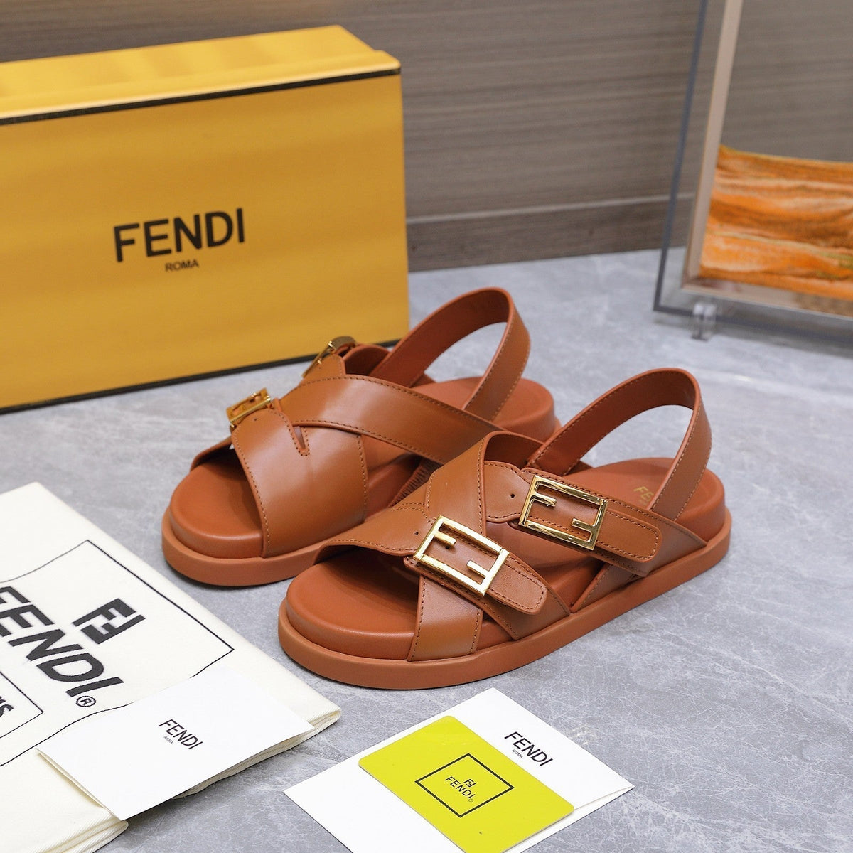 Fendi 26S Flat Sandals Brown Calfskin