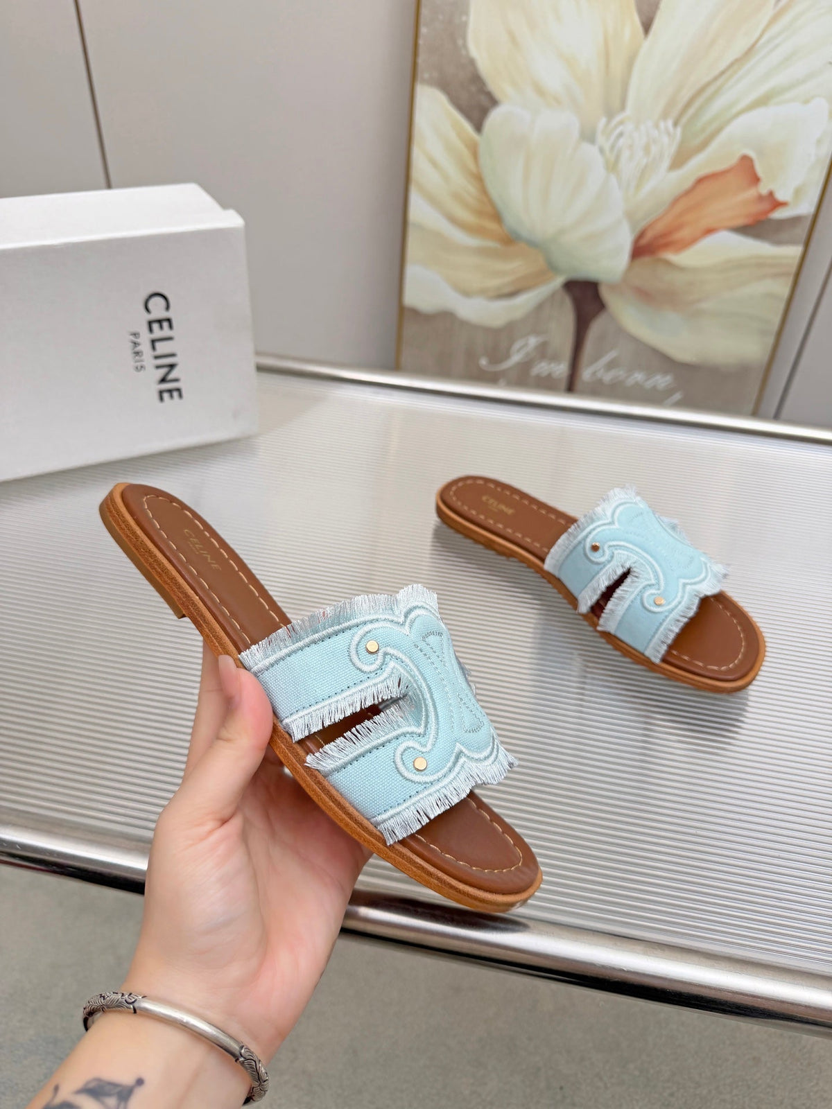 Celine 26s Triomphe Slide Sandals Sky Blue Canvas 514279