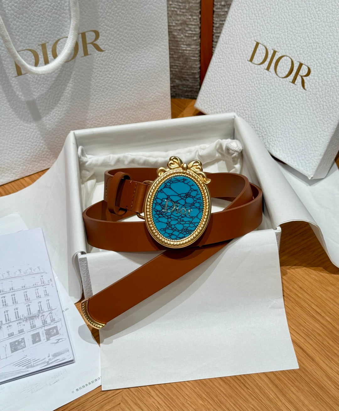 CD 26FW Medaillon Belt 2.5cm Turquoise-Effect Buckle Beige Calfskin 220648