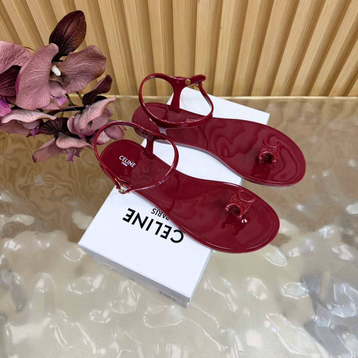 Celine 26s Triomphe Jelly Thong Sandals Burgundy Red TPU Gold Hardware 835219