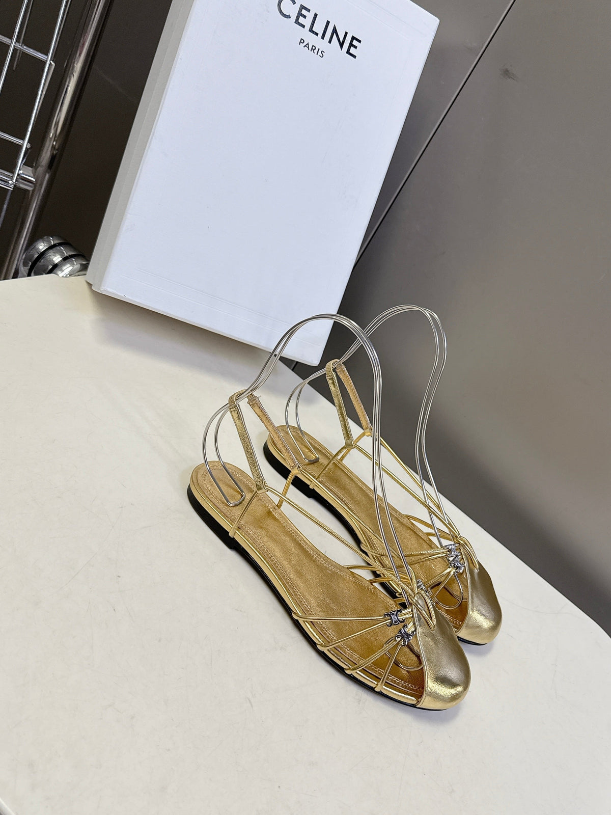 Celine 26s Triomphe Lace Up Ankle Strap Flat Sandals Gold Calfskin 395168