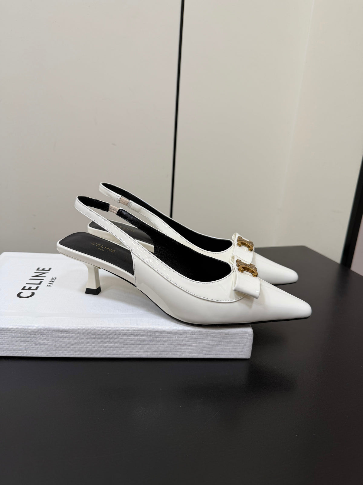 Celine 26s Triomphe Slingback Pumps In White Patent Calfskin Gold Hardware