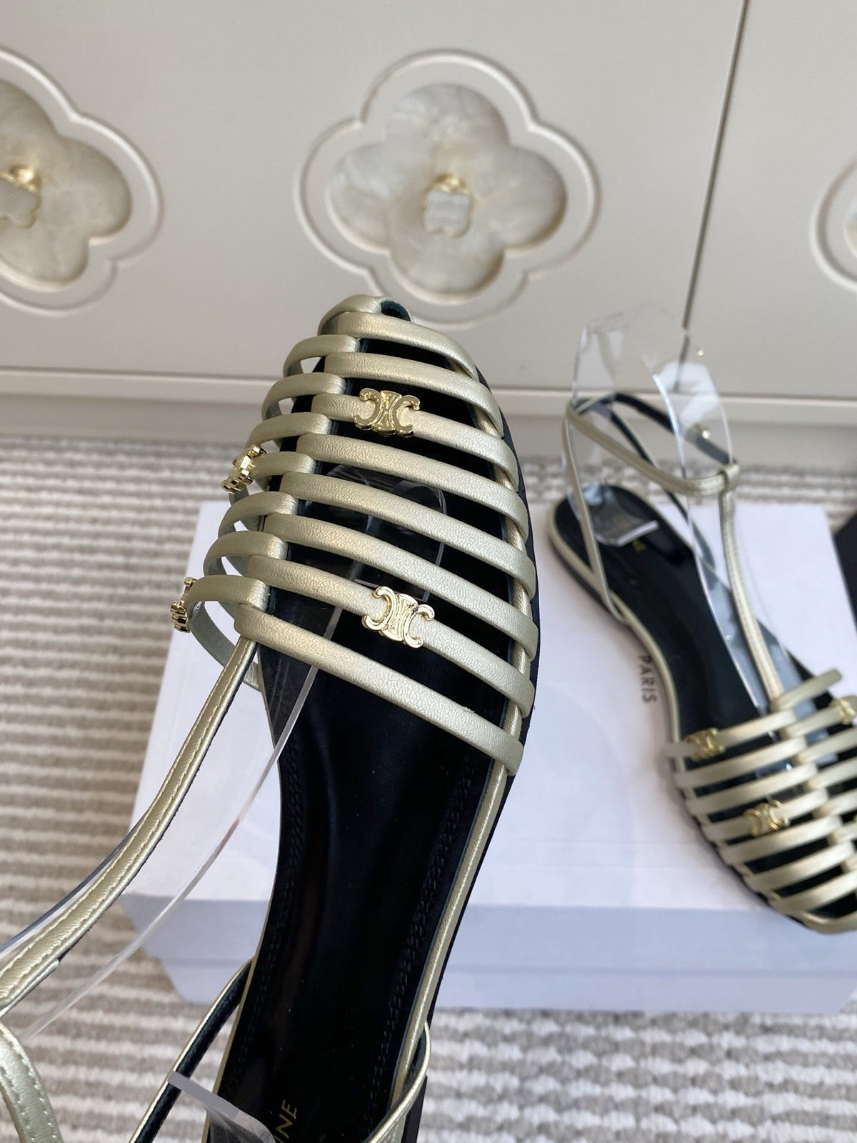 Celine 26s Clea Triomphe Gladiator Sandals Champagne Gold Lambskin 735106