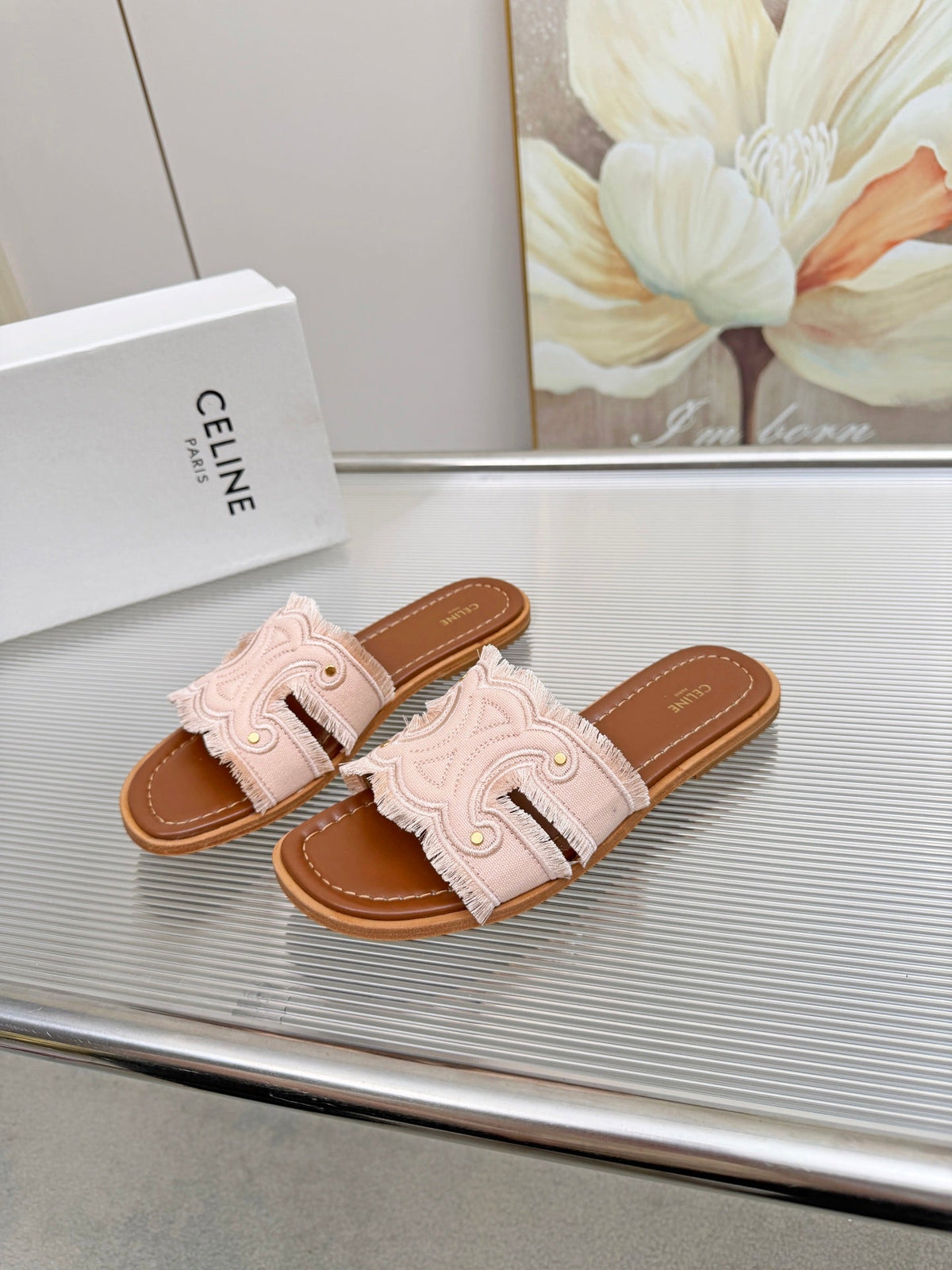 Celine 26s Triomphe Slide Sandals Blush Pink Canvas 831429
