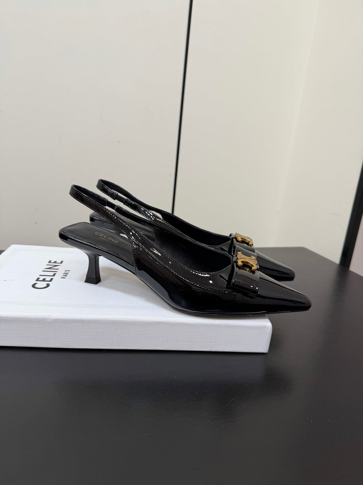 Celine 26s Triomphe Slingback Pumps In Black Patent Calfskin Gold Hardware