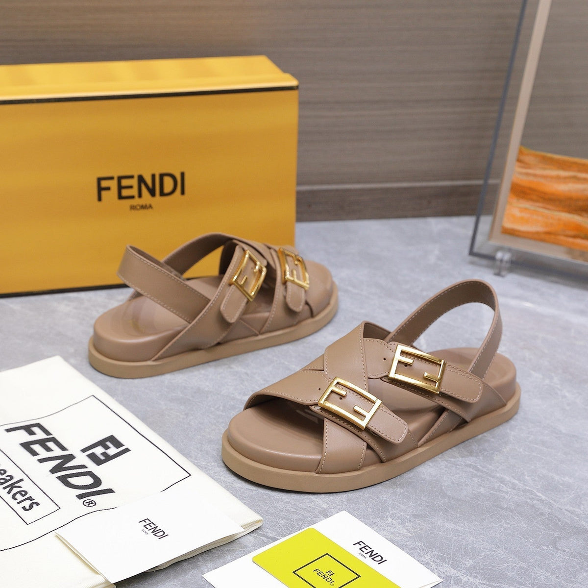 Fendi 26S Flat Sandals Pale Beige Calfskin