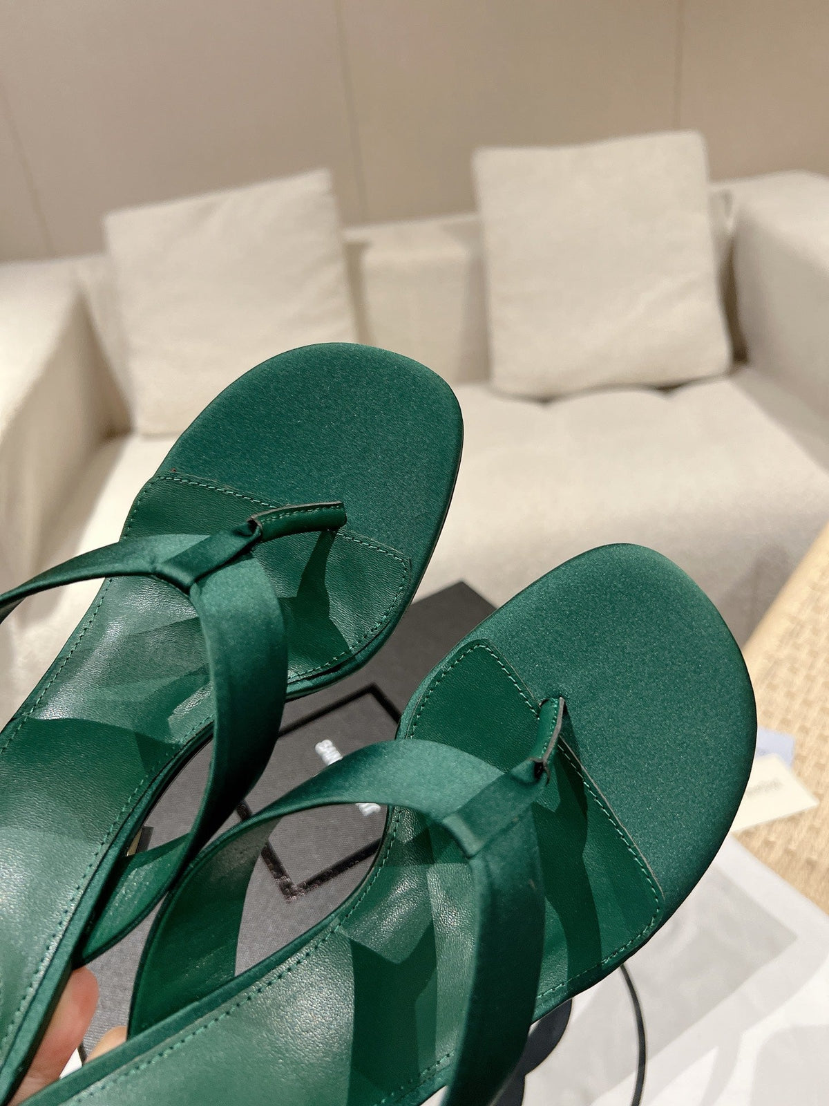 YSL 26S Heeled Thong Sandals 8.5cm Dark Green Satin