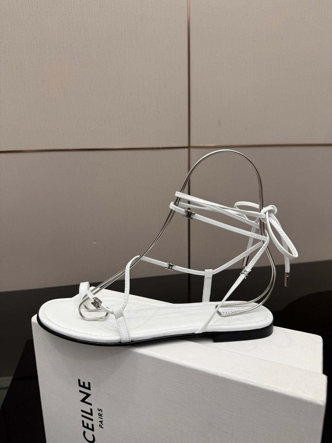 Celine 26s Triomphe Lace Up Flat Sandals White Calfskin 291483