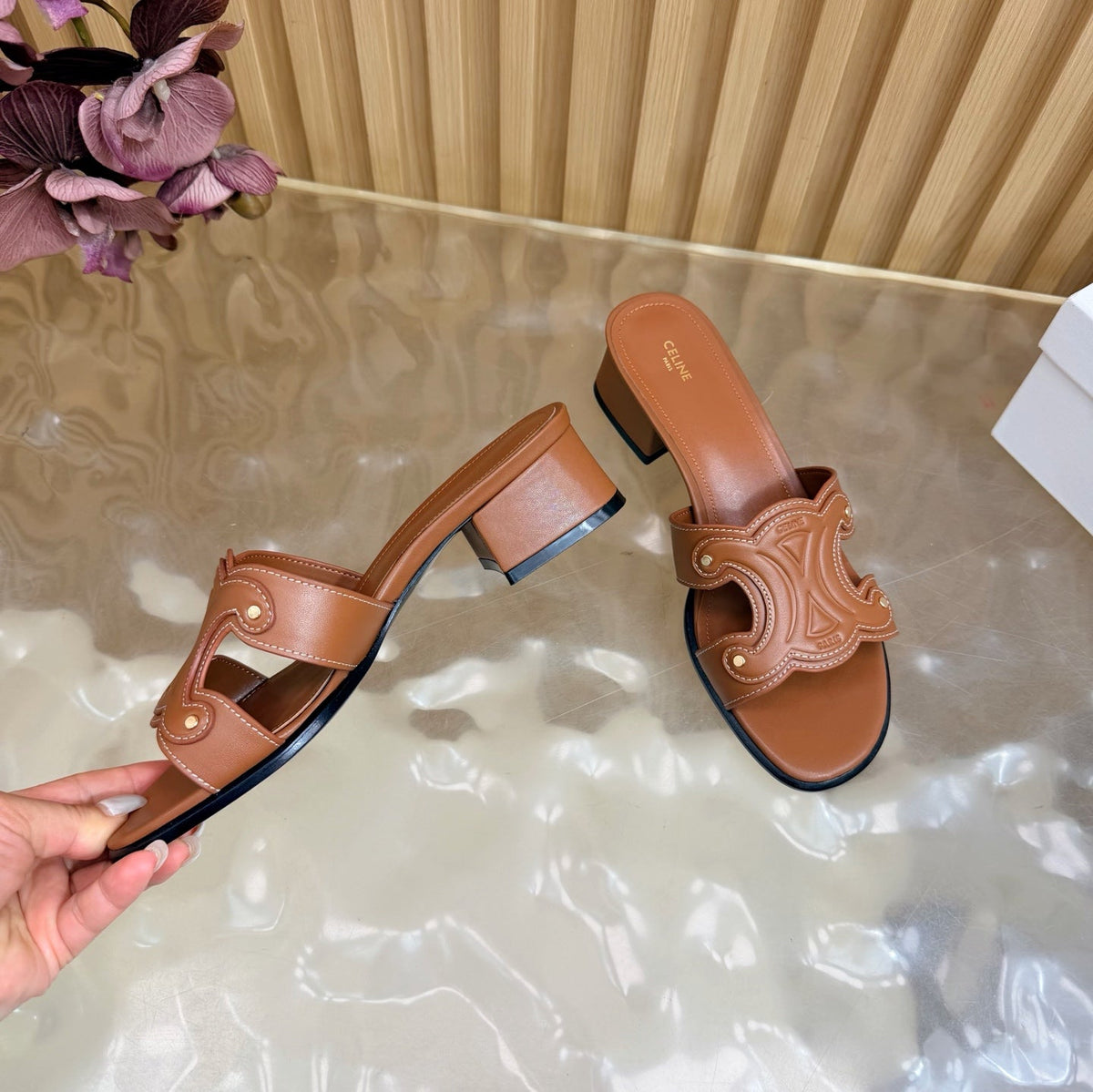 Celine 26s Triomphe Block Heel Mules In Cognac Brown Calfskin