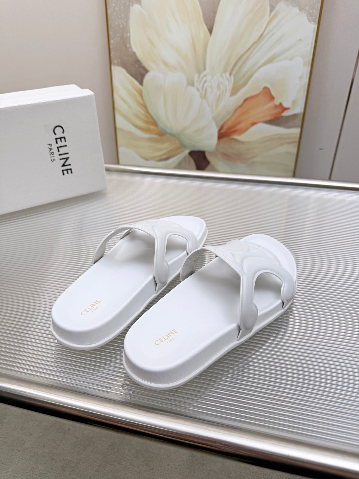 Celine 26s Triomphe Slides White Calfskin 843921