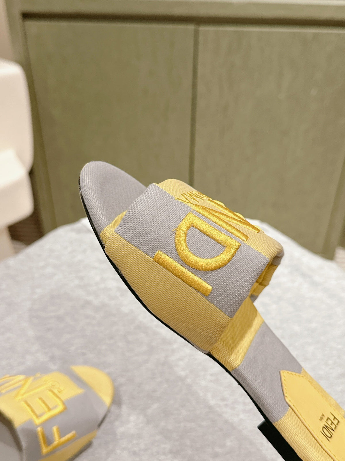 Fendi 26S Slide Sandals Yellow And Grey Canvas