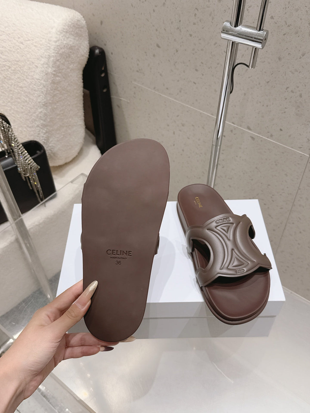 Celine 26s Triomphe Slides Dark Brown Calfskin 629471
