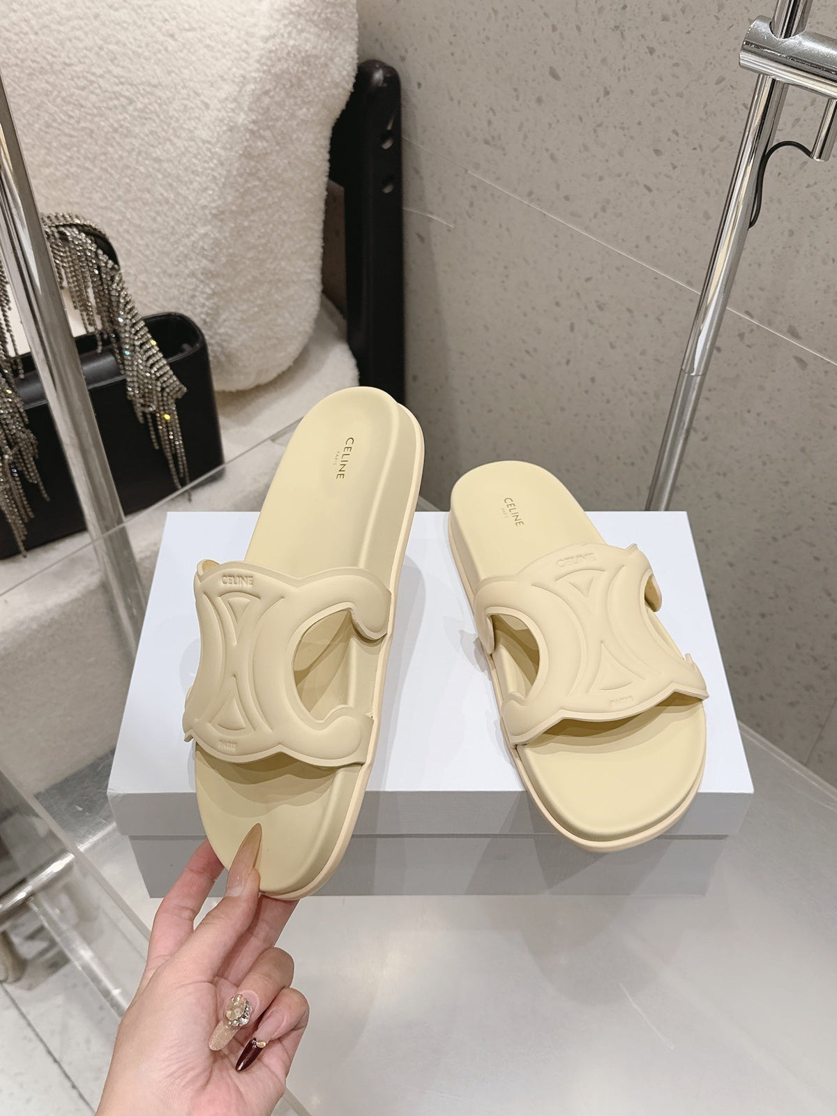 Celine 26s Triomphe Slides Pastel Yellow Calfskin 538194