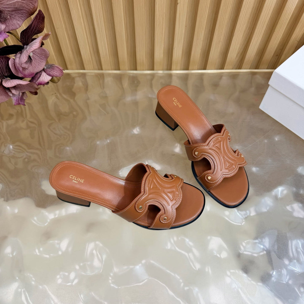Celine 26s Triomphe Block Heel Mules In Cognac Brown Calfskin