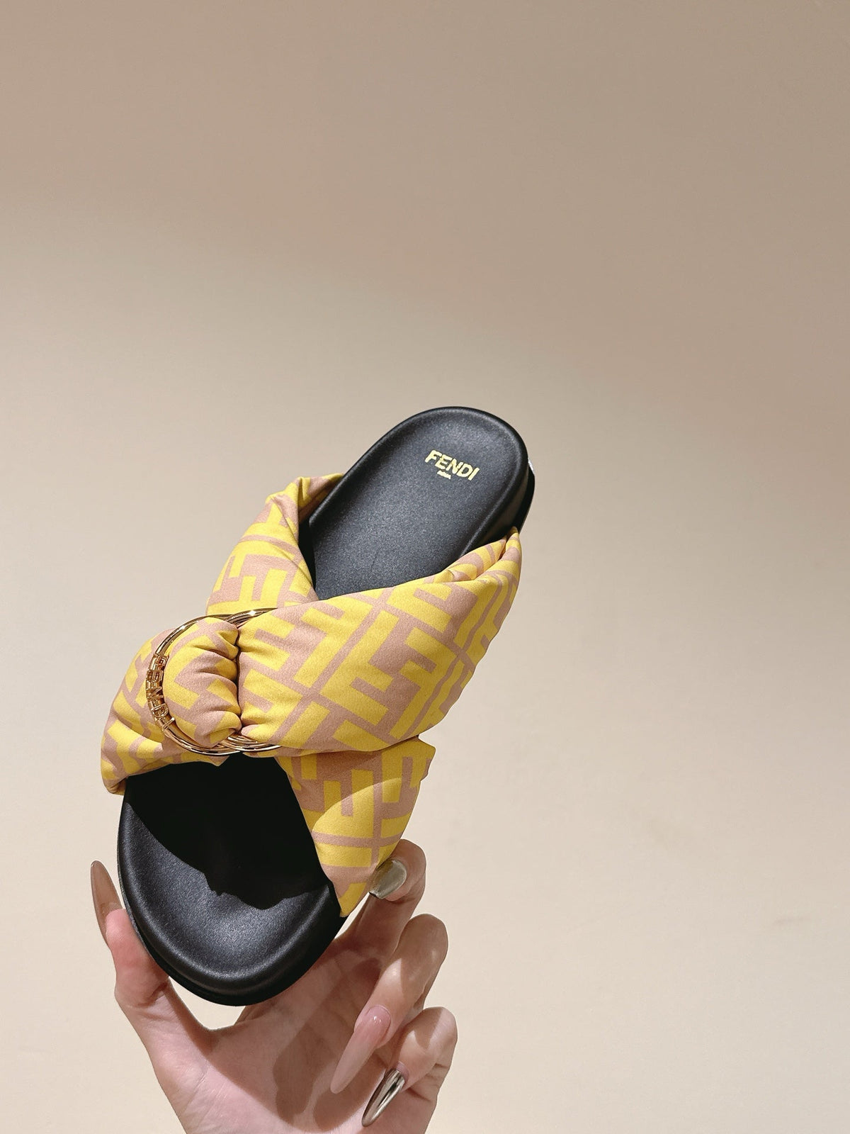 Fendi 26S Wide Cross-Strap Sandals Yellow Fabric