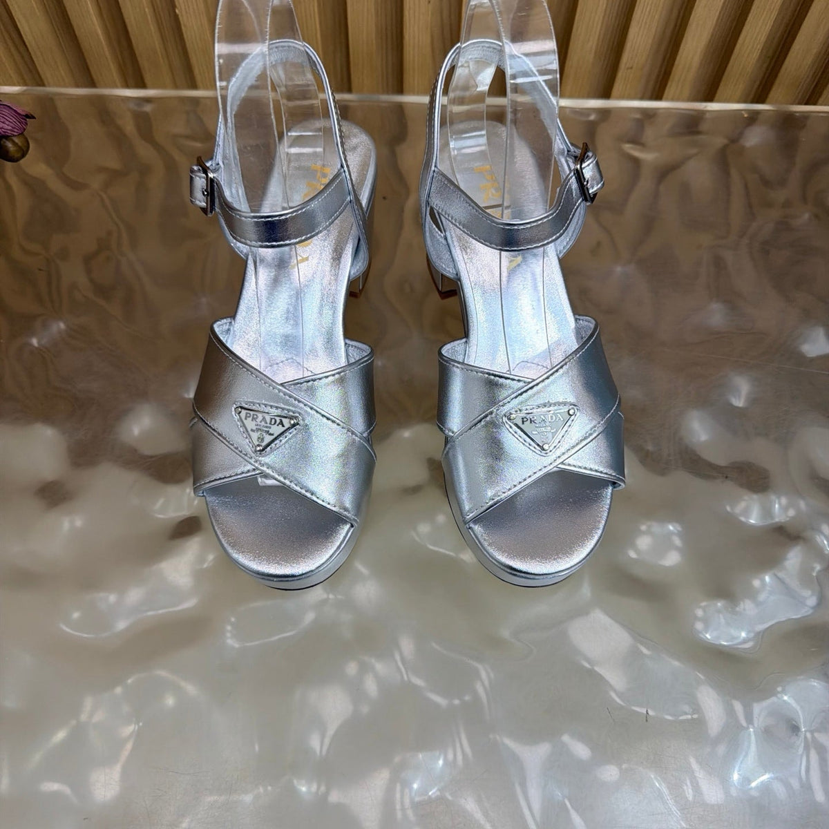 Prada 26S Block Heel Sandals 7.5cm Silver Calfskin