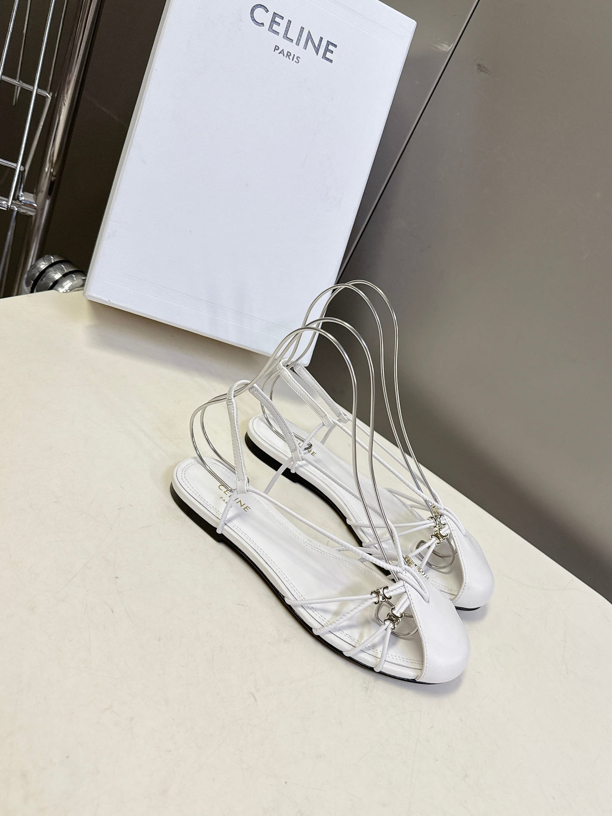Celine 26s Triomphe Lace Up Ankle Strap Flat Sandals White Calfskin 851392