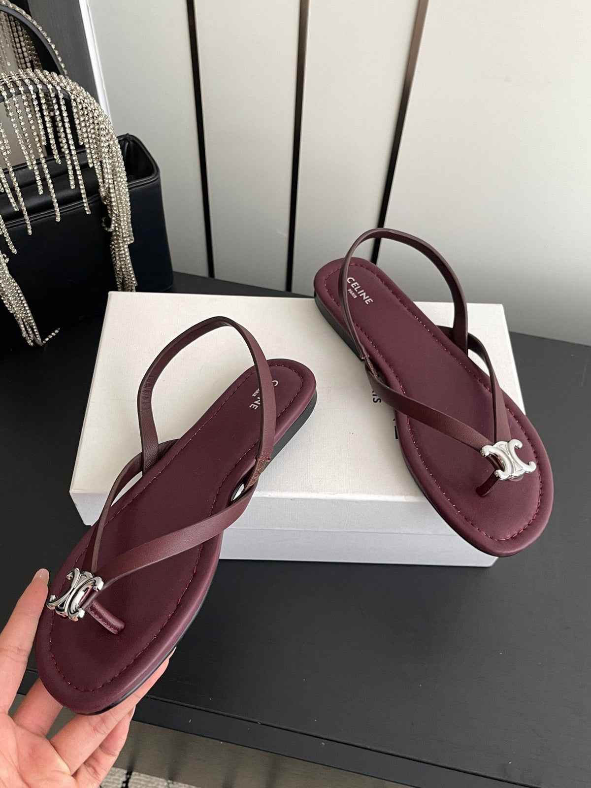 Celine 26s Thong Sandals Dark Red Calfskin 538164