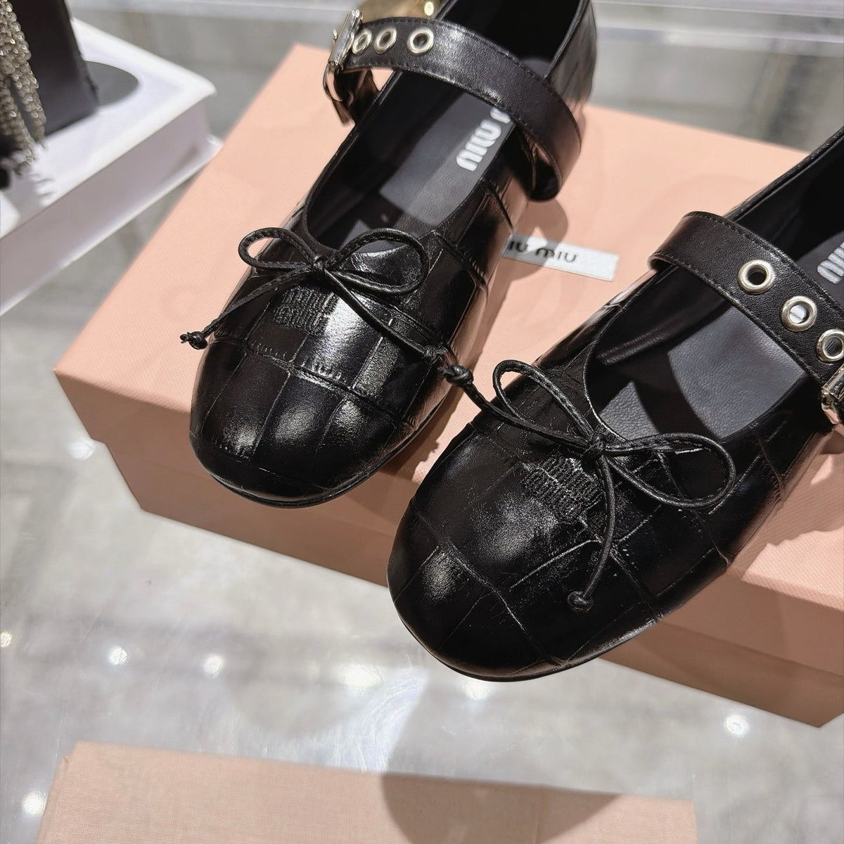 Miumiu 26S Mary Jane Flats Black Croc-Embossed Leather