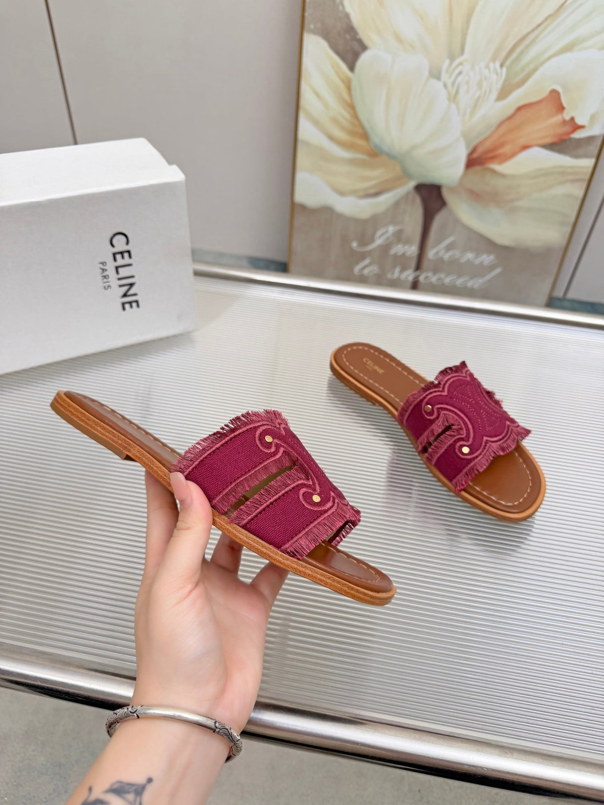 Celine 26s Triomphe Slide Sandals Berry Pink Canvas 415832