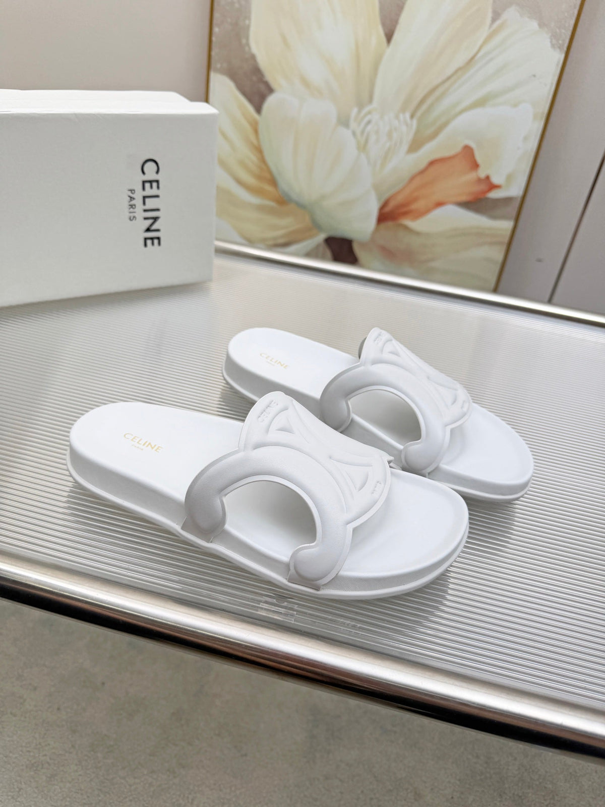 Celine 26s Triomphe Slides White Calfskin 843921