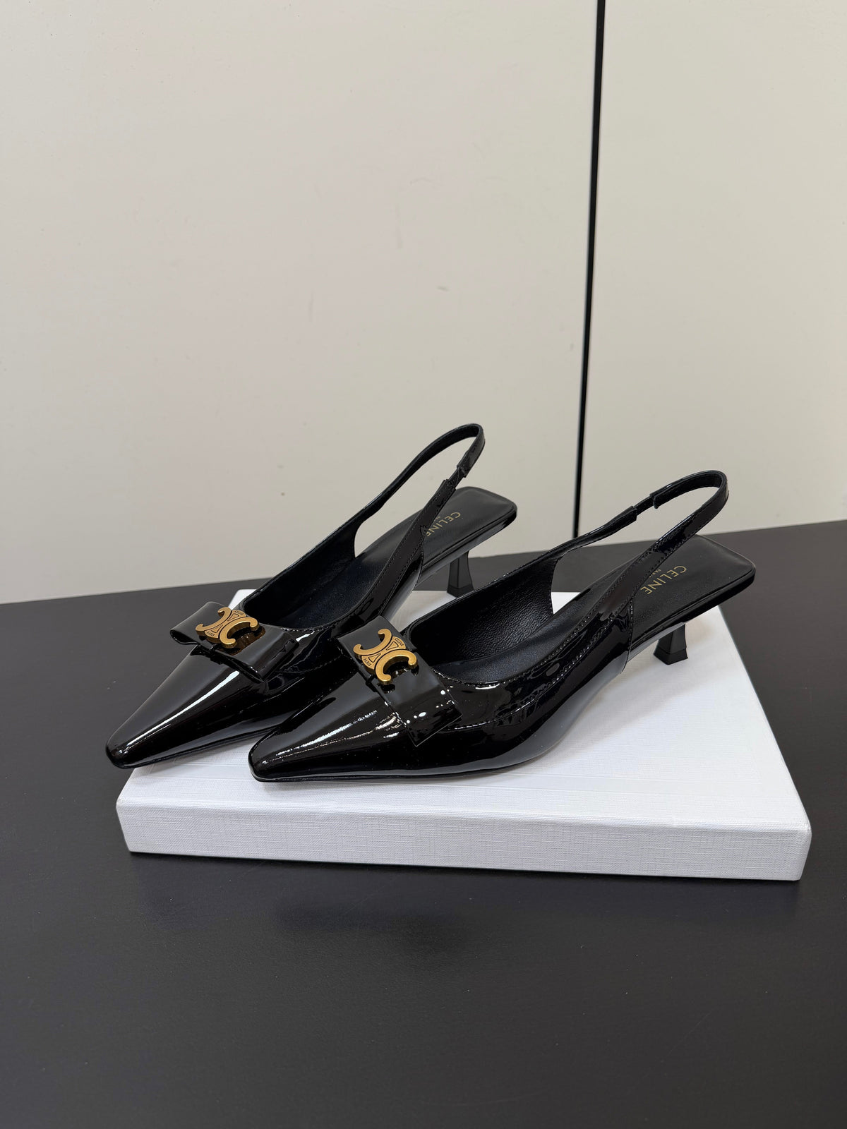 Celine 26s Triomphe Slingback Pumps In Black Patent Calfskin Gold Hardware