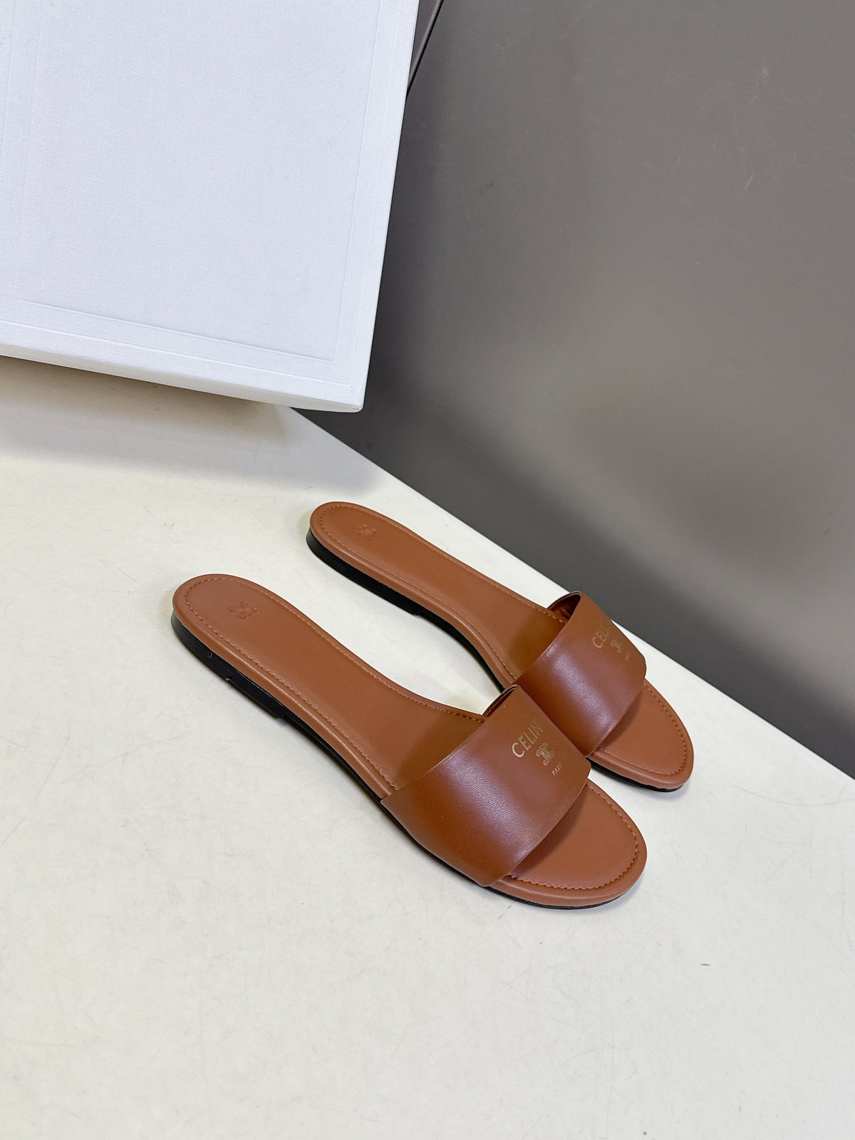 Celine 26s Flat Slides Caramel Brown Lambskin 714953