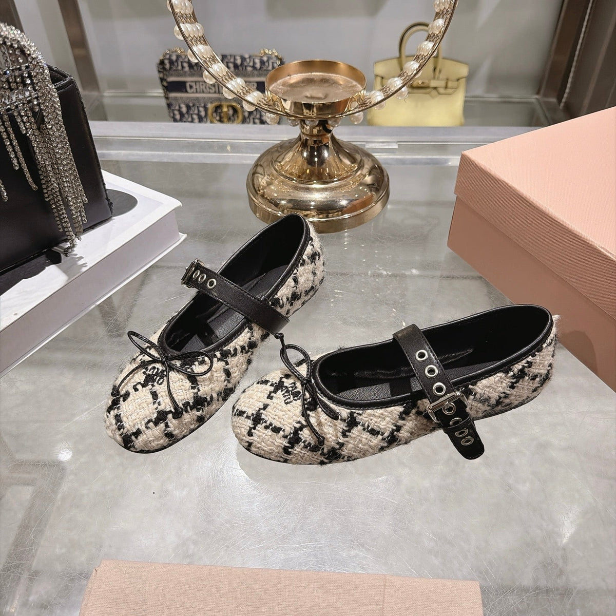 Miumiu 26S Mary Jane Flats Black And Beige Tweed Fabric