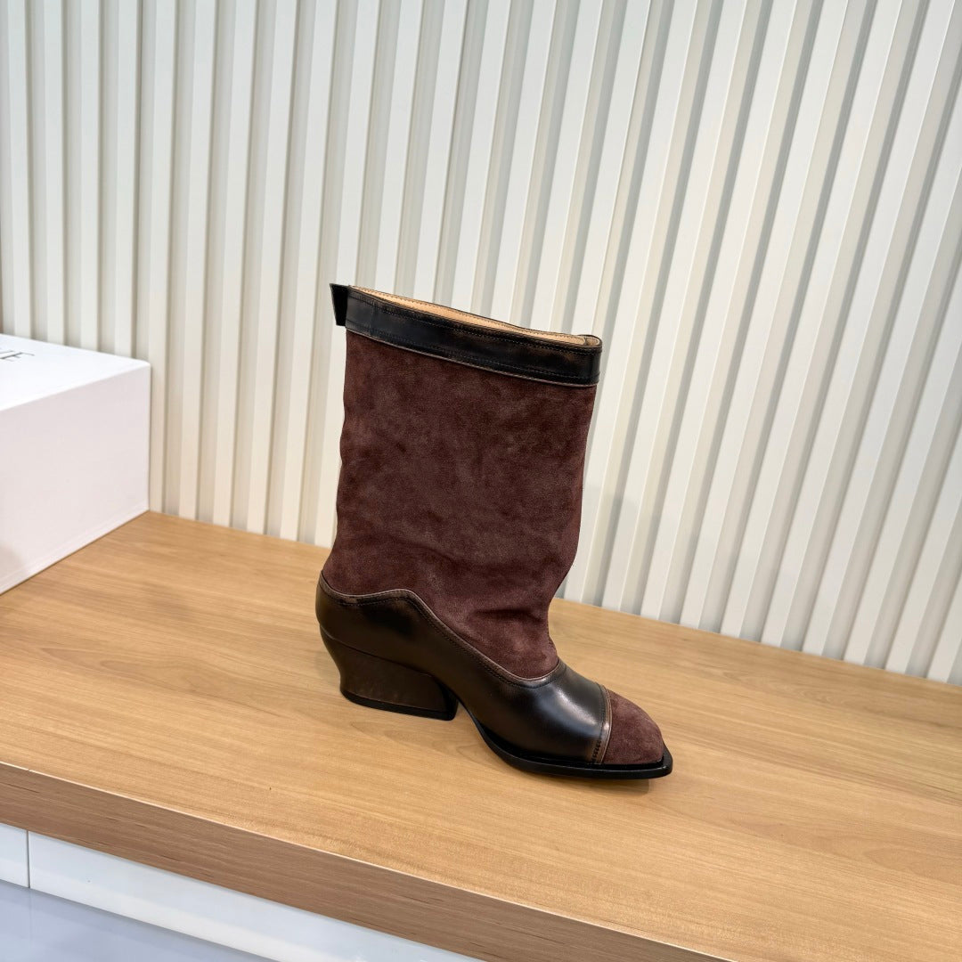 LW 26FW Mid-Calf Boots Square Toe Bow Detail Suede Leather 147547
