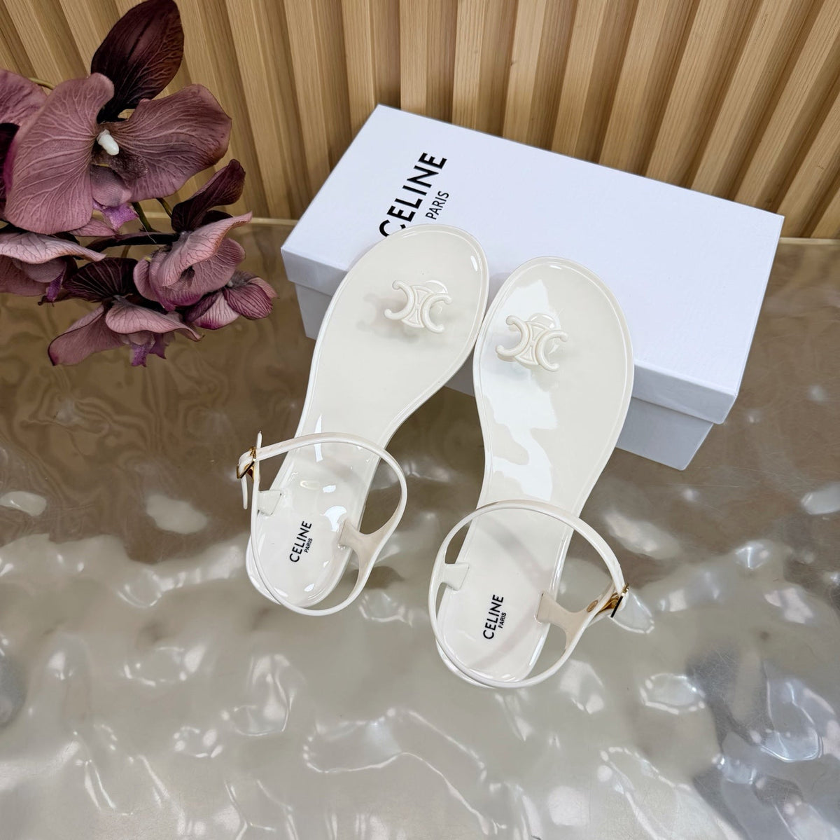 Celine 26s Triomphe Jelly Thong Sandals White TPU Gold Hardware 681427