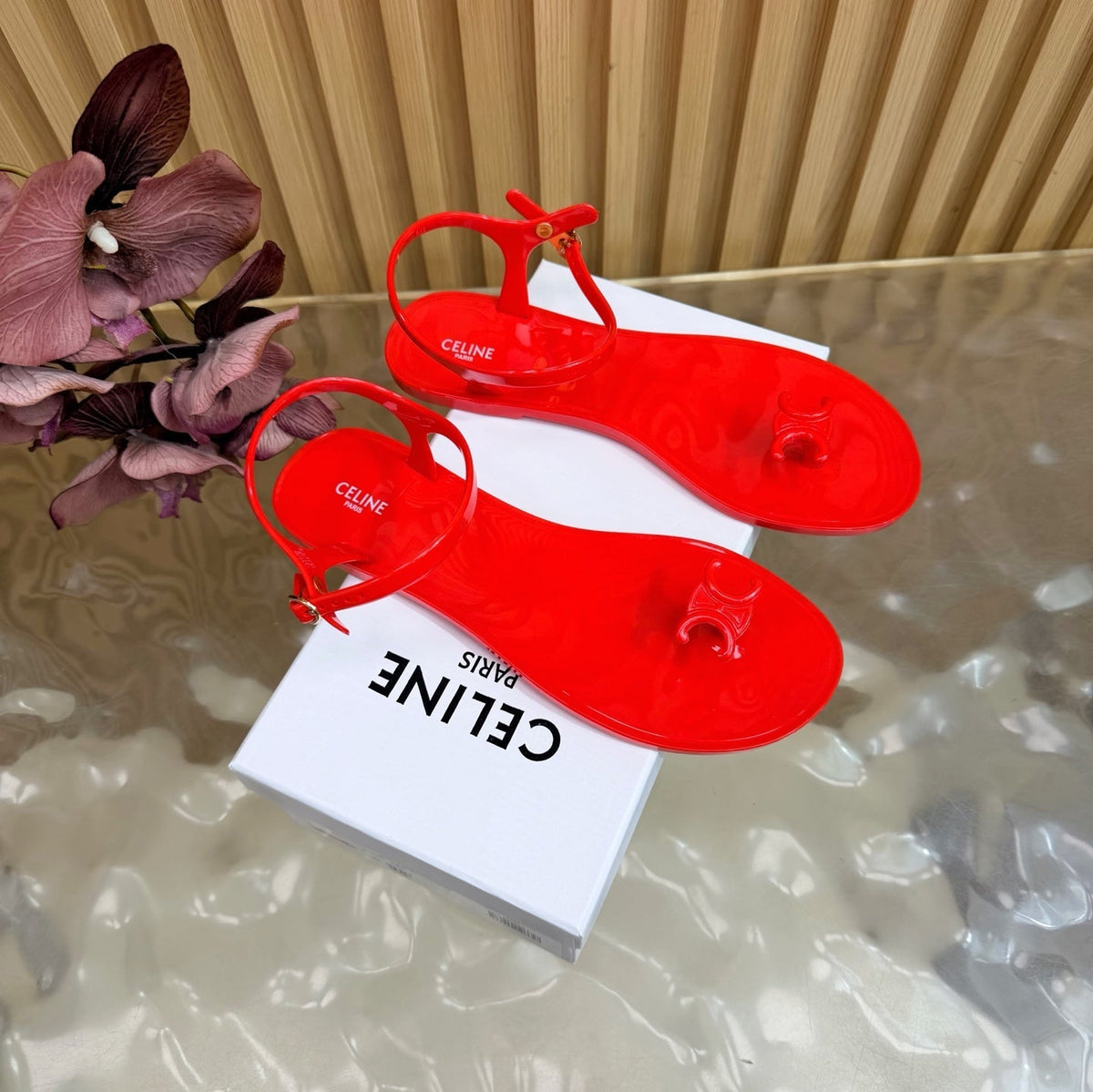 Celine 26s Triomphe Jelly Thong Sandals Bright Red TPU Gold Hardware 742519