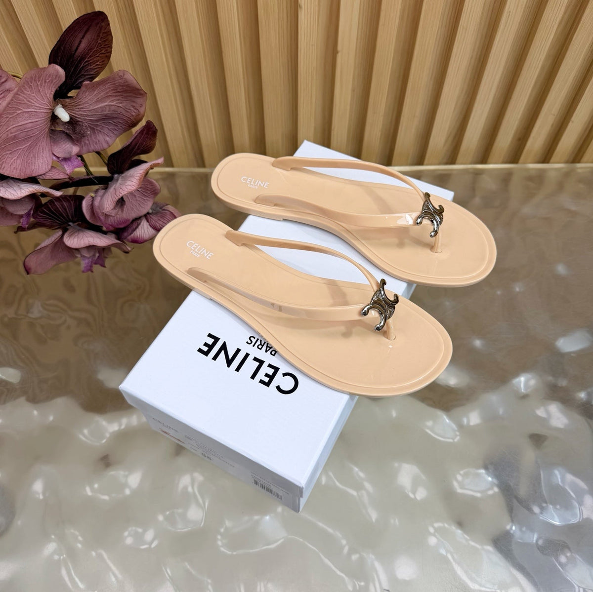 Celine 26s Triomphe Thong Sandals Nude Beige TPU Silver Hardware 249715
