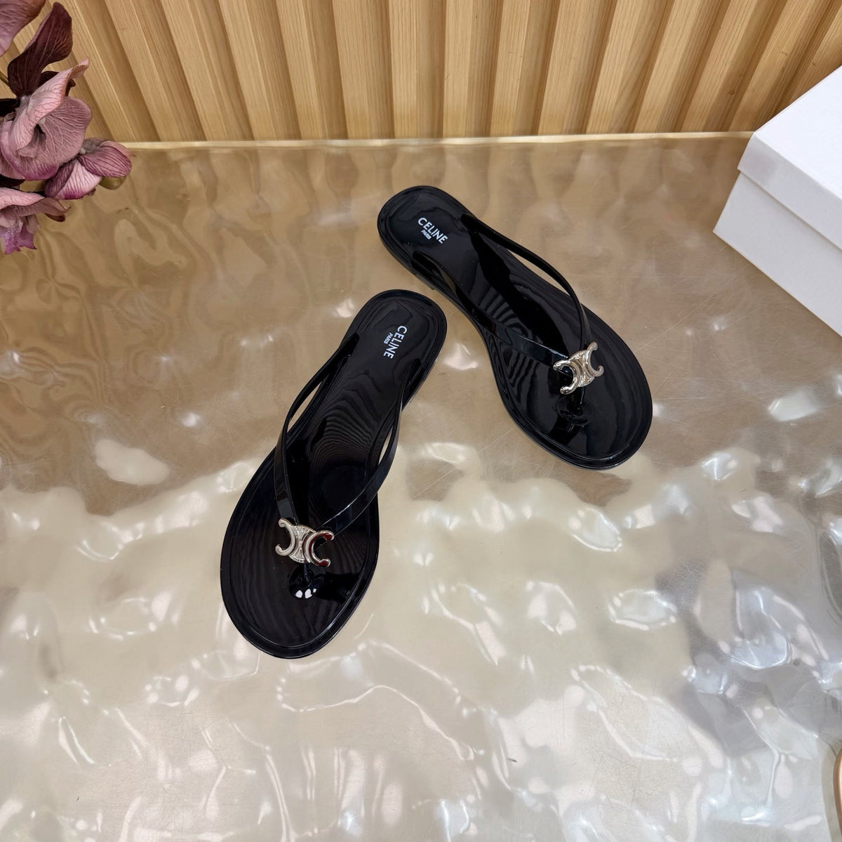 Celine 26s Triomphe Thong Sandals Black TPU Silver Hardware 836154