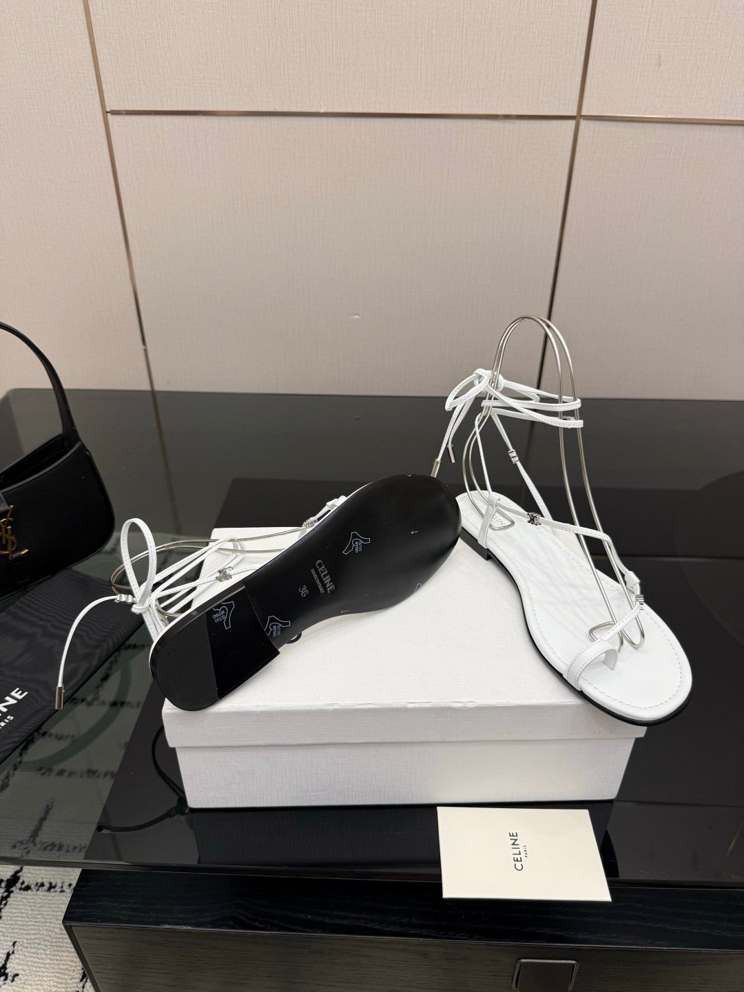 Celine 26s Triomphe Lace Up Flat Sandals White Calfskin 291483